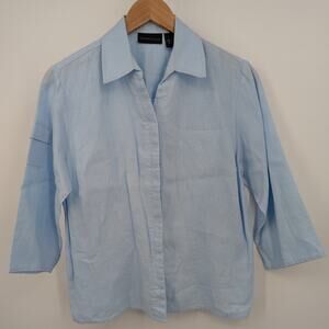 100% Linen Relativity Blue Button Down 3/4 Sleeve Women's Semi-Sheer Top Size M